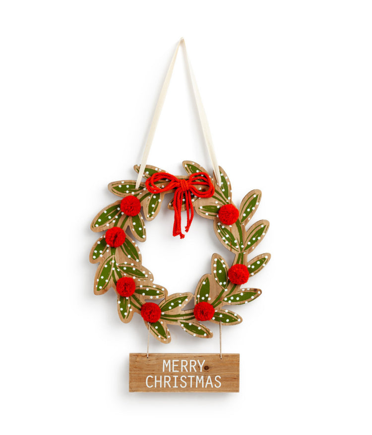 Merry Christmas Holly Wreath Door Hanger