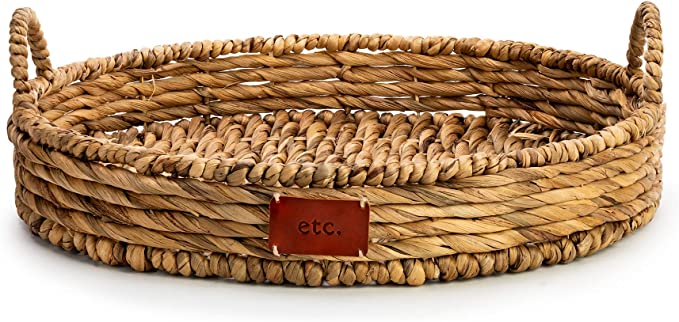 Round Wicker Basket with Leather Patch