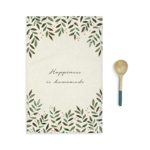 Demdaco Happiness Kitchen Towel and Wooded Spoon Set